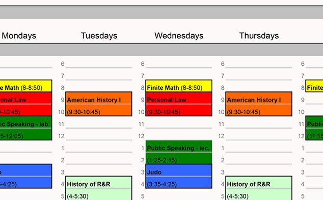 Photo of a daily class schedule for a student.