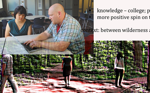 Combined photos with one showing SAC's Andrew Koke in a session with a student. The other photo depicts three students walking down different paths.