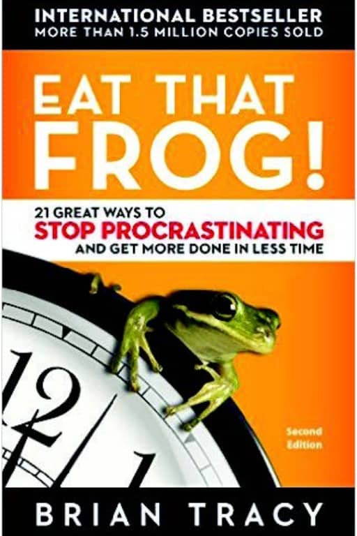 Photo of the book cover for Eat That Frog! by Brian Tracy. Book cover features a frog sitting on top of a clock. 